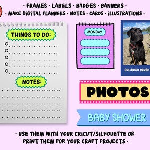 May include: A digital planner set featuring a white spiral-bound notepad with a Things To Do list and Notes section, a purple Monday planner page, a Polaroid-style photo frame with a black dog, a yellow Photos banner, and a blue Baby Shower banner.