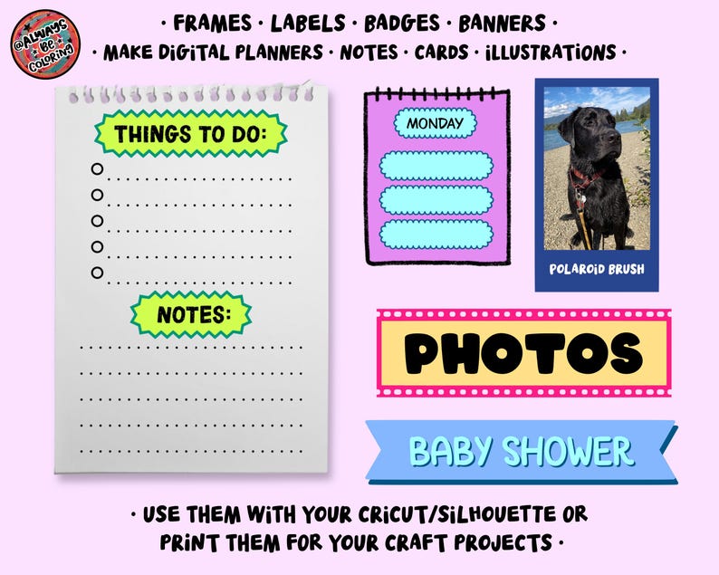 May include: A digital planner set featuring a white spiral-bound notepad with a Things To Do list and Notes section, a purple Monday planner page, a Polaroid-style photo frame with a black dog, a yellow Photos banner, and a blue Baby Shower banner.