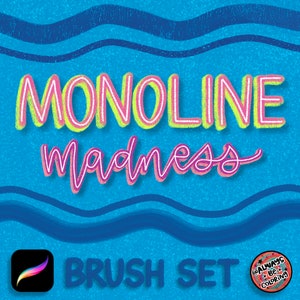 May include: A digital illustration of a brush set for Procreate, featuring the text "Monoline Madness Brush Set" in a colourful, neon-style font. The image has a blue background with wavy lines and a small icon for the Procreate app.