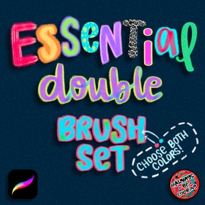 Op de afbeelding: Een kleurrijke tekstafbeelding met de tekst "Essential double brush set" en een Procreate-app-pictogram in de linkerbenedenhoek. De tekst is in een bubbelstil met een gestippelde lijn rond de woorden "Choose both colors!" en een kleine cirkel met de tekst "@Always Be Coloring" in de rechterbenedenhoek.