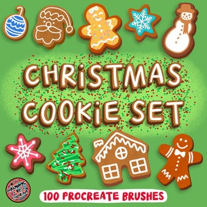 May include: A set of 100 Procreate brushes featuring Christmas cookie designs. The brushes include gingerbread men, snowflakes, Christmas trees, ornaments, and a gingerbread house. The text "Christmas Cookie Set" is written in a gingerbread font.