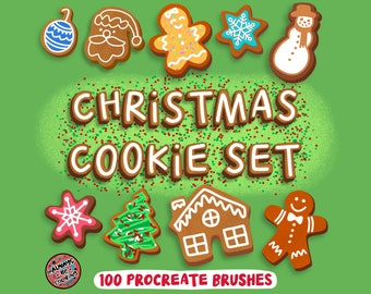 May include: A set of 100 Procreate brushes featuring Christmas cookie designs. The brushes include gingerbread men, snowflakes, Christmas trees, ornaments, and a gingerbread house. The text "Christmas Cookie Set" is written in a gingerbread font.