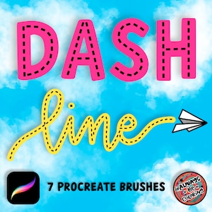 Op de afbeelding: Een set van 7 Procreate-penselen voor digitale kunst, met een gestippeld lijneffect. De penselen zijn ontworpen om een ​​leuke en speelse look te creëren, perfect om een ​​toets van whimsy toe te voegen aan je kunstwerken. De afbeelding bevat ook de tekst "DASH line" en een papieren vliegtuig met een gestippeld lijnspoor.