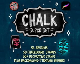 May include: A digital art graphic with the words "CHALK SUPER SET" in white chalk lettering on a black chalkboard. Includes "36 BRUSHES", "50 CHALKBOARD STAMPS", and "50+ DECORATIVE STAMPS". The background is dark blue.