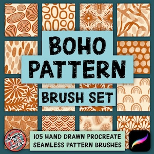 105 種類の手描き Procreate Boho シームレス パターン ブラシ、花と植物のパターン、幾何学模様、装飾的な Boho パターン、ユーザー ガイド