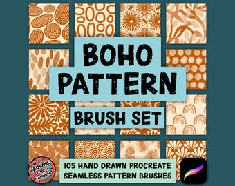 105 pinceles de patrones bohemios sin costuras dibujados a mano para Procreate, patrones florales y botánicos, patrones geométricos, patrones bohemios decorativos, guía del usuario.