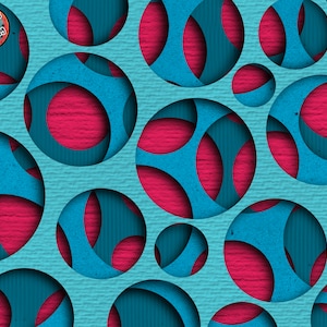 Puede incluir: Patr&oacute;n geom&eacute;trico abstracto con c&iacute;rculos superpuestos en tonos azules y rosas. Los c&iacute;rculos est&aacute;n recortados de un fondo de papel texturizado.