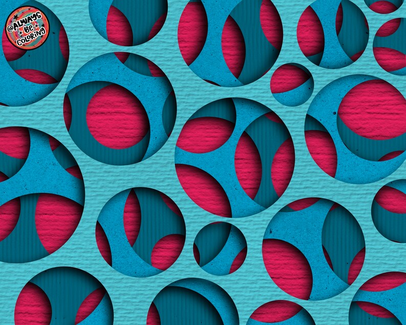 Puede incluir: Patr&oacute;n geom&eacute;trico abstracto con c&iacute;rculos superpuestos en tonos azules y rosas. Los c&iacute;rculos est&aacute;n recortados de un fondo de papel texturizado.