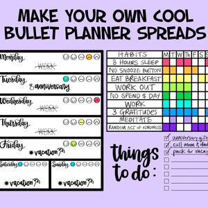 May include: A printable bullet journal planner spread with a weekly schedule, habit tracker, and to-do list. The planner includes a section for daily mood tracking, work, vacation, and special events like anniversaries. The habit tracker includes tasks like getting 8 hours of sleep, working out, and meditating. The to-do list includes tasks like packing for vacation and calling family.