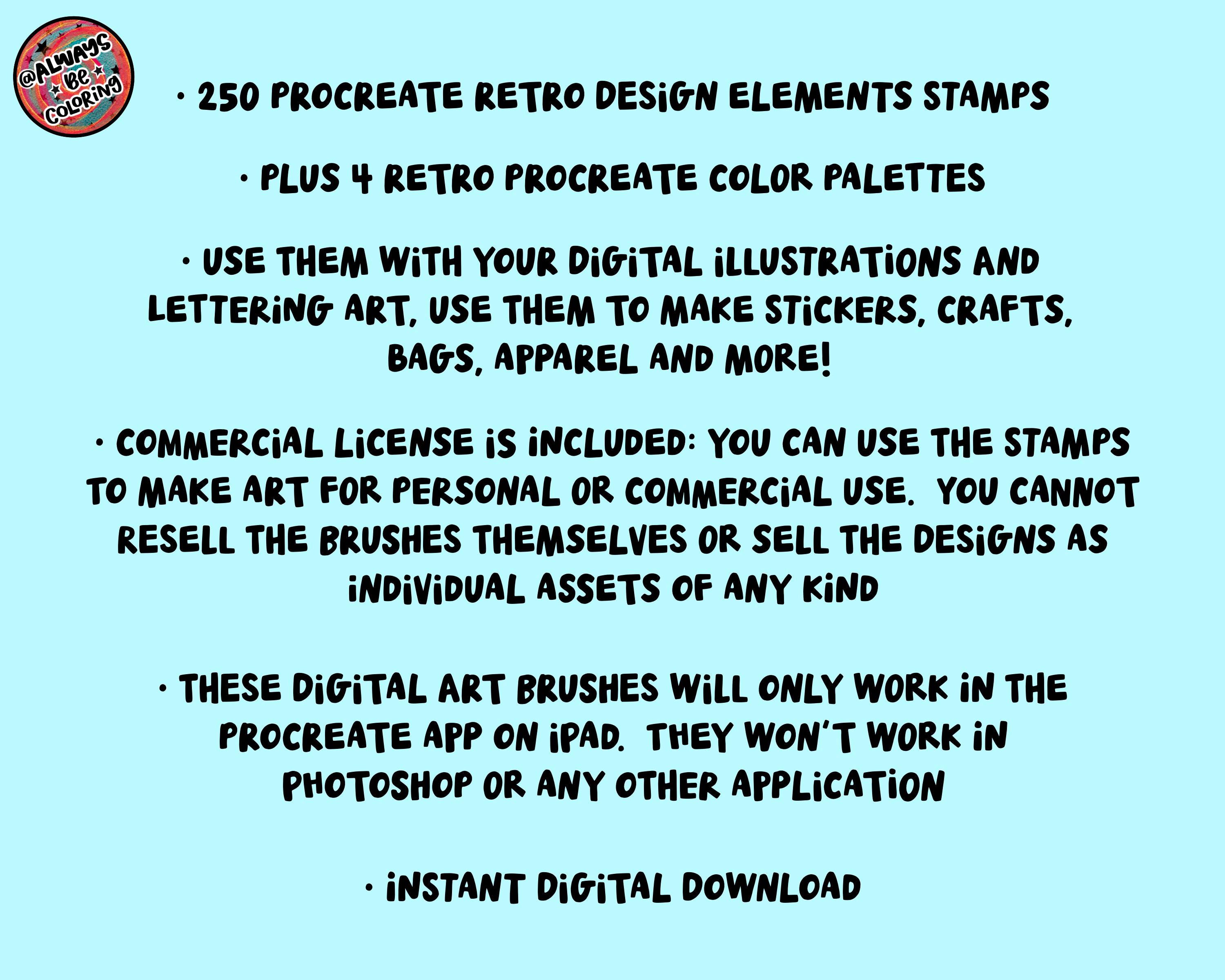 250 Procreate Retro Design Elements Stamp Brushes + 4 Retro Color ...