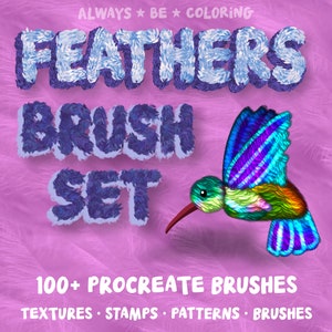 May include: A set of 100+ Procreate brushes featuring a colorful hummingbird with feathered wings and the text "FEATHERS BRUSH SET". The brushes are designed for creating textures, stamps, patterns, and brushes.