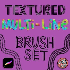 May include: Textured Multi-Line Brush Set graphic with rainbow coloured text and black and white textured lines. The graphic includes the Procreate app icon and a circular logo with the text "@Always Be Coloring".