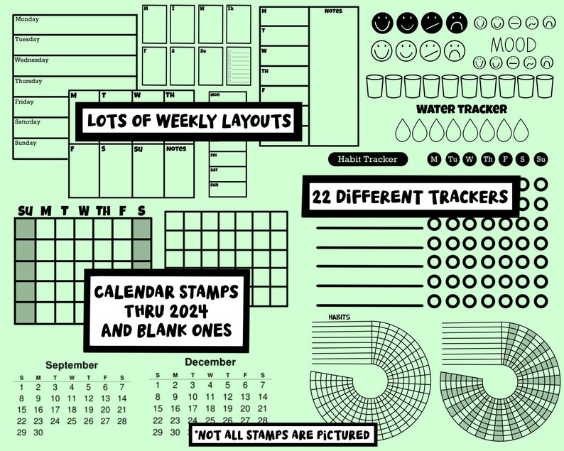 Paquete de pinceles de sellos de diario del planificador de calendario Procreate 530 sellos Procreate con diseños, rastreadores, lindos íconos, calendarios y decoradores imagen 2