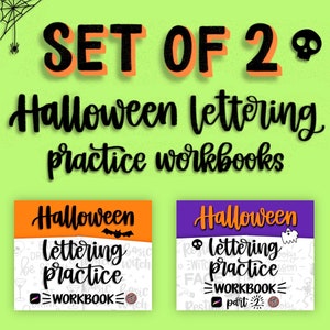 May include: Set of two Halloween lettering practice workbooks. The first workbook is orange and says "Halloween lettering practice workbook". The second workbook is purple and says "Halloween lettering practice workbook part 2".