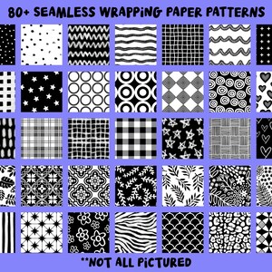 Puede incluir: Una colecci&oacute;n de m&aacute;s de 80 patrones de papel de regalo sin costuras en blanco y negro. Los patrones incluyen formas geom&eacute;tricas, estrellas, corazones, flores, hojas y m&aacute;s. **NO TODOS EST&Aacute;N REPRESENTADOS**