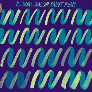 May include: An image of 15 dual-color paint pens, each creating a wavy, ribbon-like design. The pens display a gradient of teal and green hues against a deep purple background. The text "15 Dual Color Paint Pens" is visible at the top.