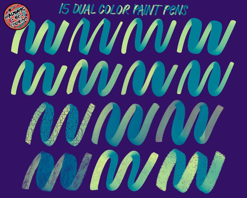 May include: An image of 15 dual-color paint pens, each creating a wavy, ribbon-like design. The pens display a gradient of teal and green hues against a deep purple background. The text "15 Dual Color Paint Pens" is visible at the top.