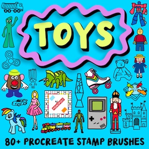 Procreate Toys Set! 80+ Procreate Stamp Brushes, hand drawn toys doodles, classic toys, games, sports, animals, 2 Procreate Color Palettes