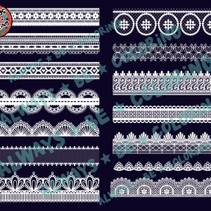 May include: A set of ten white lace trim designs on a dark blue background. The lace designs are various patterns of circles, flowers, and swirls.