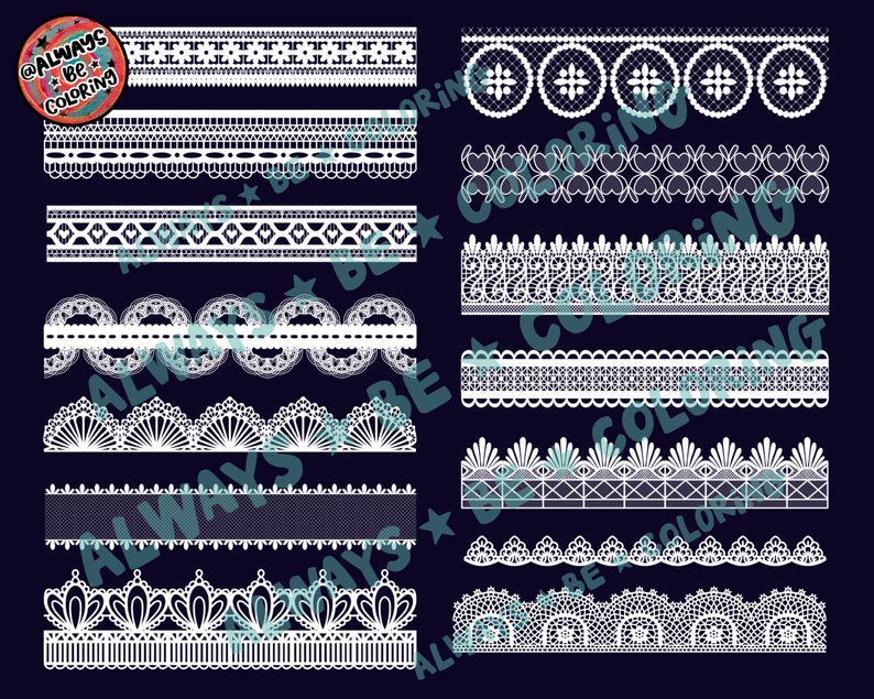 May include: A set of ten white lace trim designs on a dark blue background. The lace designs are various patterns of circles, flowers, and swirls.
