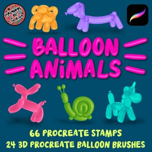 Könnte beinhalten: Digitale Illustration von Luftballontieren in verschiedenen Farben, darunter ein Elefant, ein Hund und ein Einhorn. Der Text "BALLOON ANIMALS" ist in großen rosa Buchstaben geschrieben. Der Text lautet außerdem "66 PROCREATE STAMPS" und "24 3D PROCREATE BALLOON BRUSHES".