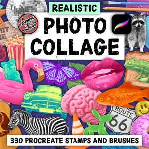 Pode incluir: Uma colagem digital com várias ilustrações coloridas, incluindo uma guitarra, flamingo, zebra, cérebro, peixe dourado, donut, guaxinim, borboleta e uma placa da Rota 66, com o texto REALISTIC PHOTO COLLAGE e 330 PROCREATE STAMPS AND BRUSHES.