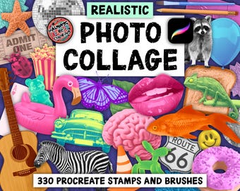 330 Realistic Procreate Photo Collage Stamps and Brushes, Texture & Shading Brushes, 6 Color Palettes, Tutorials