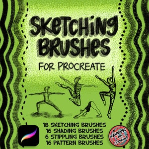 May include: A green background with black text that reads "Sketching Brushes for Procreate". The image also includes a Procreate app icon and a list of brush types: 18 Sketching Brushes, 16 Shading Brushes, 6 Stippling Brushes, 16 Pattern Brushes. The text "@Always Be Coloring" is also included in the image.
