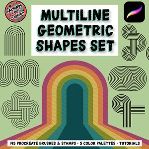 May include: A light green background features a set of black multiline geometric shapes. The image includes the text "MULTILINE GEOMETRIC SHAPES SET" and "145 PROCREATE BRUSHES & STAMPS • 5 COLOR PALETTES • TUTORIALS". A rainbow arch design is also present.