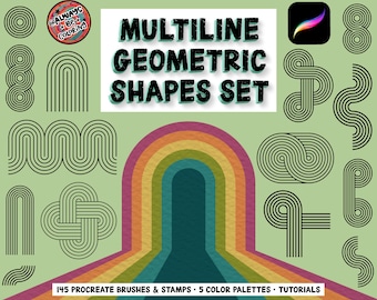 145 Procreate Multiline Geometric Shapes Stamps, Paper & Canvas Texture Brushes, 5 Color Palettes, Tutorials, for Digital Art, Logos, Crafts