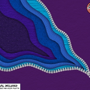 Puede incluir: Arte digital abstracto con un dise&ntilde;o de cremallera con capas de colores azul, morado y turquesa sobre un fondo morado. El texto "TUTORIAL INCLUDED" y "ZIPPER BRUSHES AND COLOR PALETTE" se encuentra en la parte inferior de la imagen. El texto "@ALWAYS BE COLORING" est&aacute; en un c&iacute;rculo en la esquina superior derecha de la imagen.