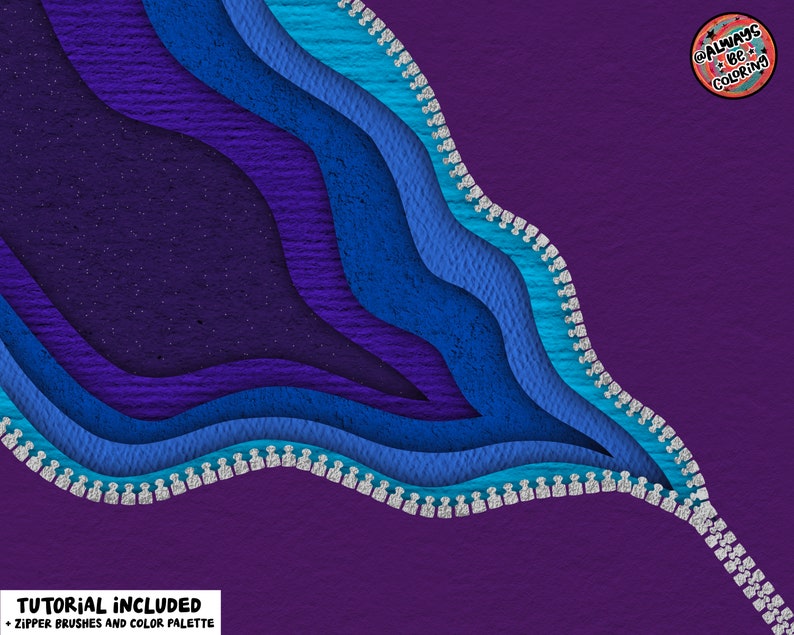 Puede incluir: Arte digital abstracto con un dise&ntilde;o de cremallera con capas de colores azul, morado y turquesa sobre un fondo morado. El texto "TUTORIAL INCLUDED" y "ZIPPER BRUSHES AND COLOR PALETTE" se encuentra en la parte inferior de la imagen. El texto "@ALWAYS BE COLORING" est&aacute; en un c&iacute;rculo en la esquina superior derecha de la imagen.