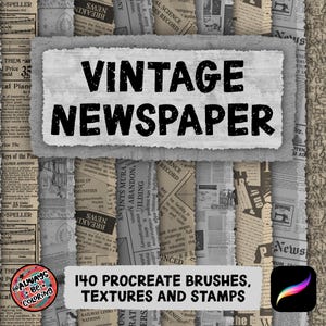 May include: A digital art product featuring a collage of vintage newspaper clippings. The central focus is a rectangular banner with the words "VINTAGE NEWSPAPER" in bold, black letters. Below, it reads "140 PROCREATE BRUSHES, TEXTURES AND STAMPS".