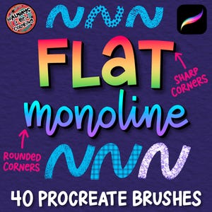 Peut inclure: Un ensemble de 40 pinceaux Procreate pour l'art numérique, proposant des styles monolignes plats avec des coins à la fois pointus et arrondis. Les pinceaux sont présentés dans un design coloré avec des accents bleus, verts, roses et jaunes.
