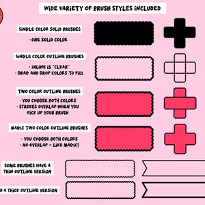 May include: A digital brush set guide on a pink background featuring text labels for single color solid, single color outline, two color outline, and magic two color outline brushes. Examples show black, pink, and red rectangular and cross shapes.