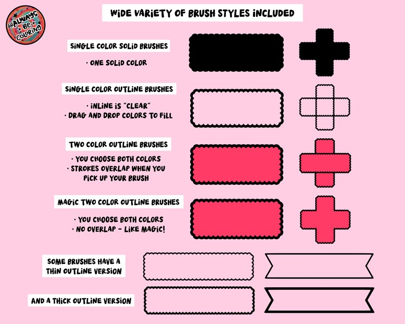 May include: A digital brush set guide on a pink background featuring text labels for single color solid, single color outline, two color outline, and magic two color outline brushes. Examples show black, pink, and red rectangular and cross shapes.