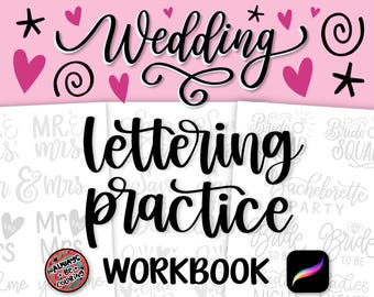 16 Wedding Calligraphy Lettering Practice Worksheets, 25 Procreate Brushes, Printable Pages, for DIY Crafts, Decorations, Invitations, Signs