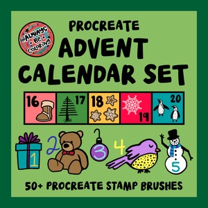 Procreate Holiday Advent Calendar Set! 50+ Procreate Stamp Brushes with Cute Christmas & Holiday Designs, plus 4 Procreate Color Palettes