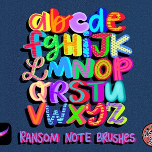 May include: Colorful alphabet letters with different patterns and textures. The letters are in a ransom note style font. The text "Ransom Note Brushes" is at the bottom of the image.