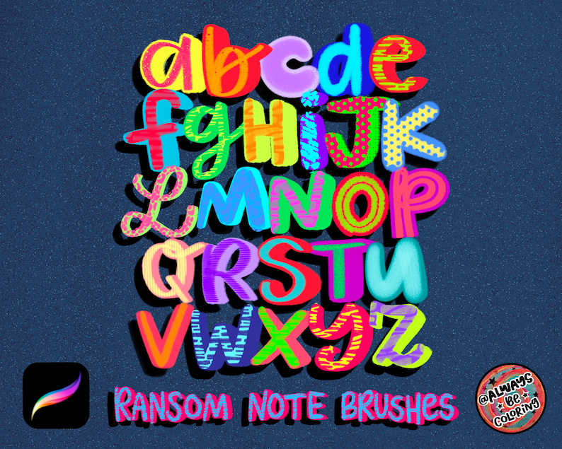 May include: Colorful alphabet letters with different patterns and textures. The letters are in a ransom note style font. The text "Ransom Note Brushes" is at the bottom of the image.
