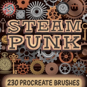 230 Procreate Steampunk-penselen en -stempels, realistische mechanische tandwielstempels, 2 Procreate-kleurenpaletten, 6 oefenwerkbladen voor letters