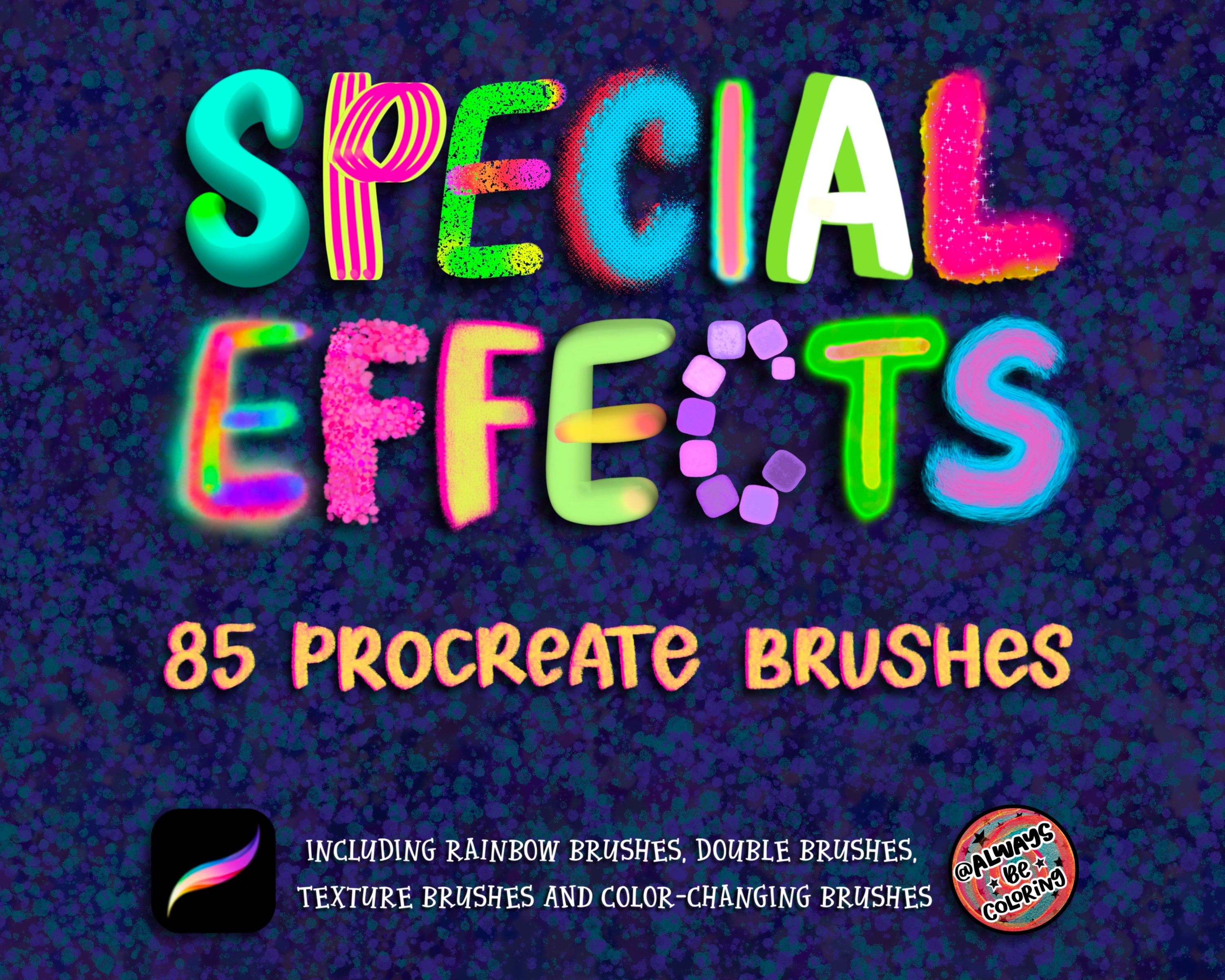 85 pinceles de efectos especiales para Procreate: lettering, ilustración, 3D, neón, arcoíris y texturas