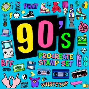 May include: A digital illustration on a blue background featuring 90s-themed icons and text. Includes roller skates, a lava lamp, a cassette tape, and the words "90's Procreate Stamp Set."