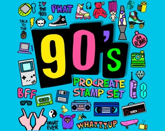 75 Procreate Stamps and 4 Pattern Brushes with 90’s theme! Nineties Nostalgia Stamp Set, 1990s patterns, 90s toys, electronics and phrases!