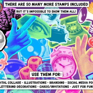 Może przedstawiać: Kolorowy kolaż cyfrowy z ilustracjami w stylu pop-art. Obraz zawiera kulę dyskotekową, wskazującą dłoń, m&oacute;zg, oko, gramofon, telefon, megafon, zegar, kostki do gry, mikrofon, kasetę i strzałę. Tekst brzmi "JEST TAK WIELE WIĘCEJ ZNAK&Oacute;W" i "UŻYWAJ ICH DO:" z listą zastosowań.