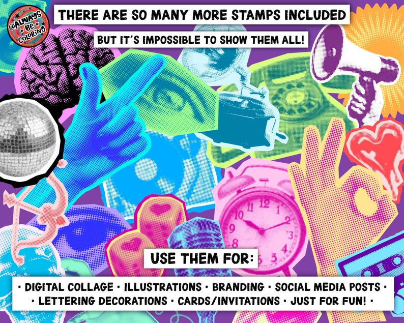 Może przedstawiać: Kolorowy kolaż cyfrowy z ilustracjami w stylu pop-art. Obraz zawiera kulę dyskotekową, wskazującą dłoń, m&oacute;zg, oko, gramofon, telefon, megafon, zegar, kostki do gry, mikrofon, kasetę i strzałę. Tekst brzmi "JEST TAK WIELE WIĘCEJ ZNAK&Oacute;W" i "UŻYWAJ ICH DO:" z listą zastosowań.