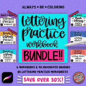 Può includere: Un pacchetto di prodotti digitali per la pratica della calligrafia. Il pacchetto include 6 quaderni di esercizi, 40 pennelli Procreate e 85 fogli di lavoro di calligrafia. L'immagine presenta illustrazioni colorate dei quaderni di esercizi e il testo "ALWAYS BE COLORING lettering practice workbook BUNDLE!!" in grassetto, in nero.