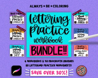 Lettering Workbook Bundle!! 6 Workbooks, 40 Procreate Brushes, 85 Lettering Practice Worksheets, Learn Brush Lettering, Modern Calligraphy,