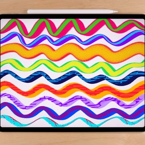 May include: A digital drawing of colorful wavy lines on a white background. The drawing is displayed on a black tablet with a white stylus.