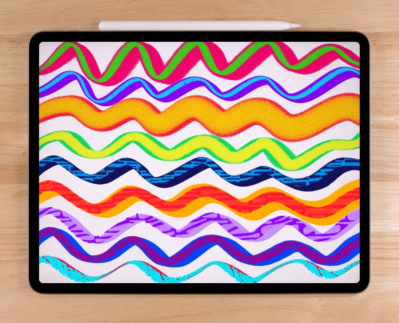 May include: A digital drawing of colorful wavy lines on a white background. The drawing is displayed on a black tablet with a white stylus.